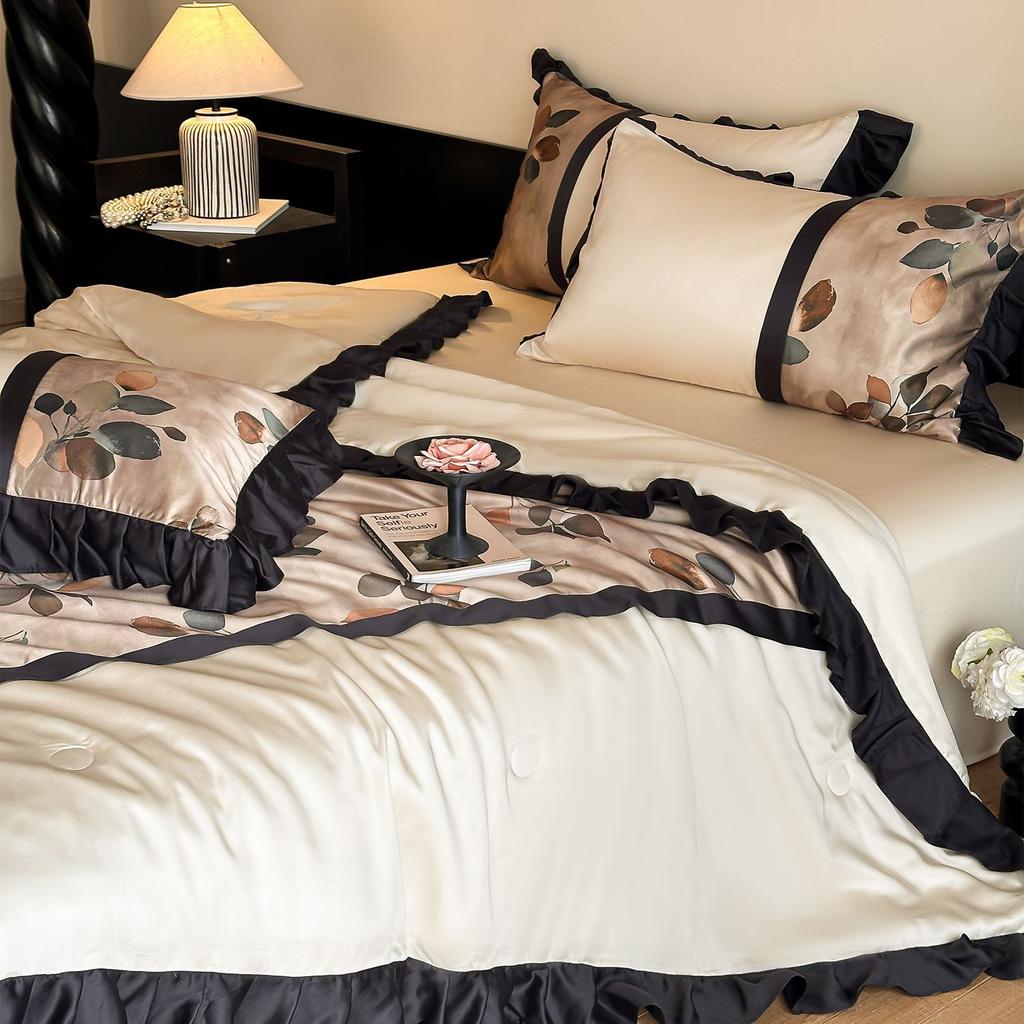 Summer Maternity French Retro Style Tencel Summer Quilt Four-Piece Set Silk Skin-Friendly Air-Conditioning Machine Washable Cooling