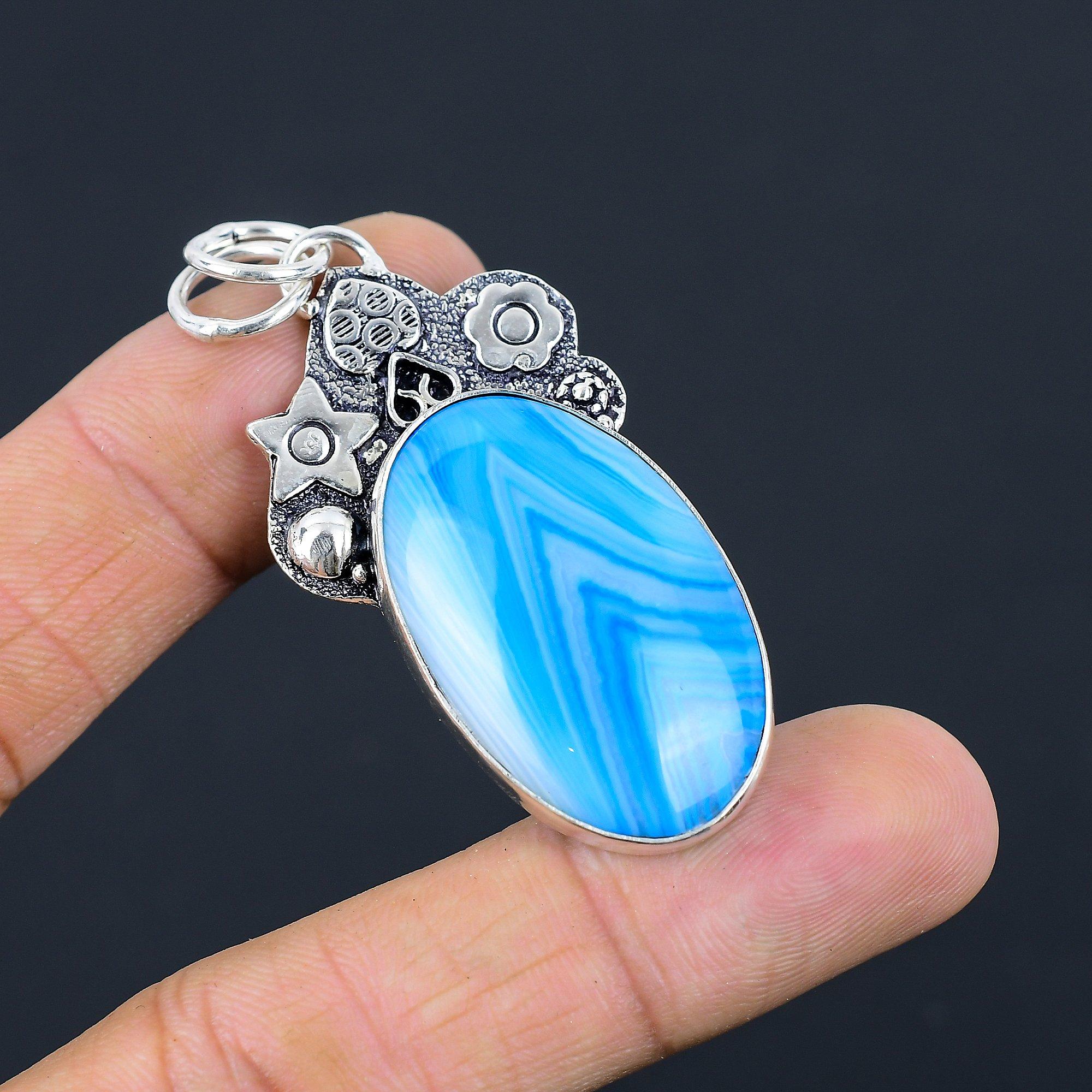 Wedding Gift For Her 925 Silver Natural Blue Botswana Agate Gemstone Pendant