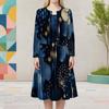 Women Plus Size Dark Blue Gold Printed Two Piece Dress Set Round Neck Long Sleeve Cardigan Sleeveless Midi Dress