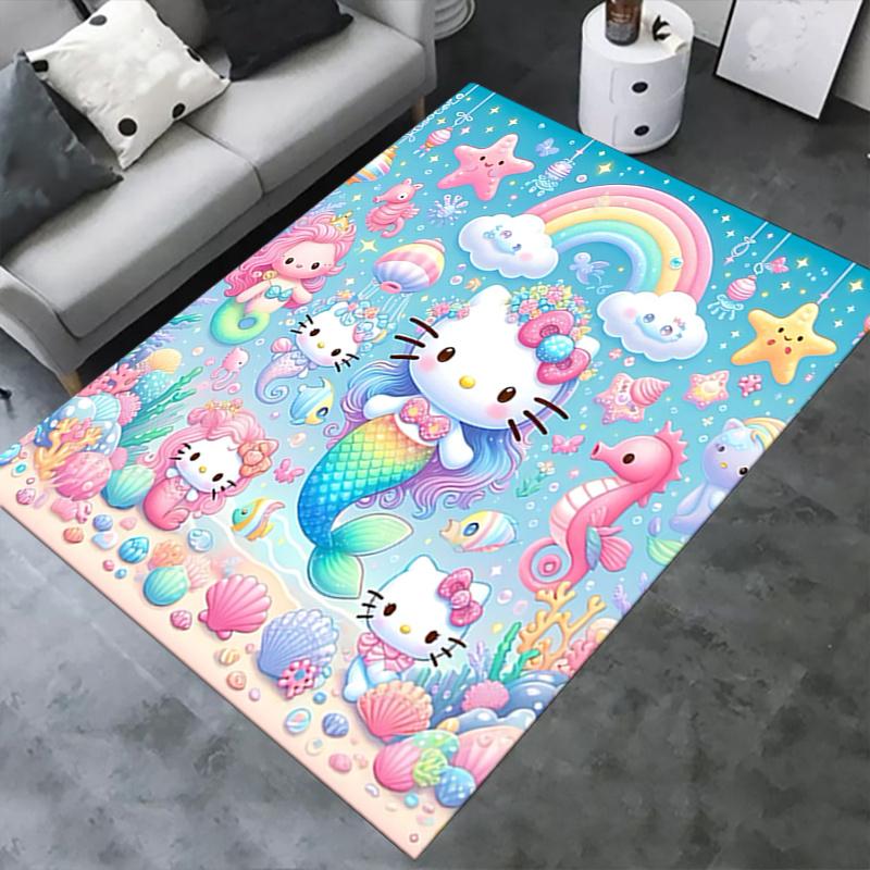 Office Rug Mermaid Hello Kitty Anti-Slip Rug, Machine Washable for Living Room, Bedroom, Office, Multiple Sizes, Bedroom Mat, Decorative Mat, Durable