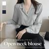 [Wearbee] volume sleeve open collar blouse long sleeve shirt cute fashionable office Plain color simple V-neck spring/summer ladies puff sleeves long
