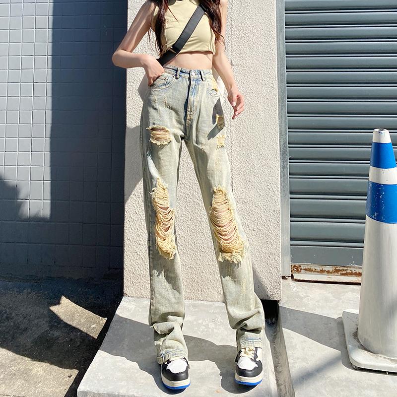 Yırtık Boyfrined Bahar 2022 Bayan Yüksek Bel kadın Geniş Bacak Kot Şalvar Kadın Denim Kapriler Pantolon Jean Anne Kot Pantolon