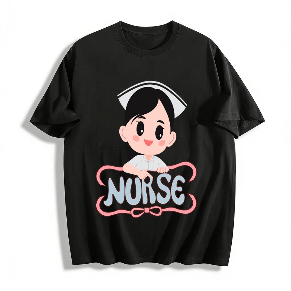 Cute Cartoon Nurse Print Casual T-Shirt Women s Comfortable Daily Top Pure cotton T-shirt XXS