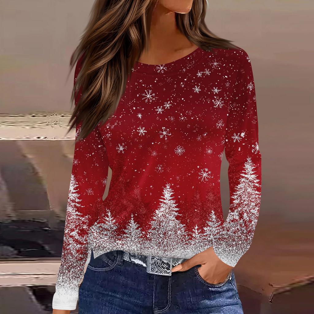 Women's Fashion Casual Slit Hem Round Neck Long Sleeve Loose Christmas Printed T-Shirt Ladies Top