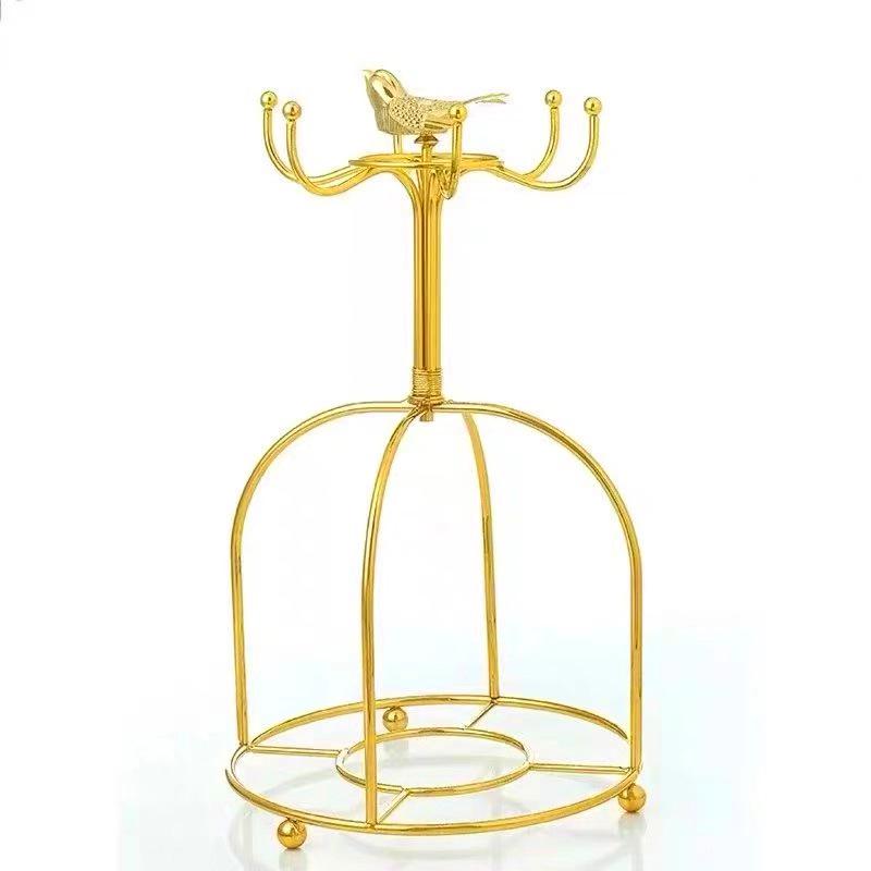 Estante para Tazas de Café de Hierro Forjado Chapado en Oro con Soportes de Acero Inoxidable para 6 Tazas y Platillos