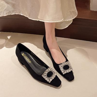 Thick Heel Square Head Rhinestone High-end Single Shoes Women's Shoes New Spring and Autumn High Heels Temperament Shoes