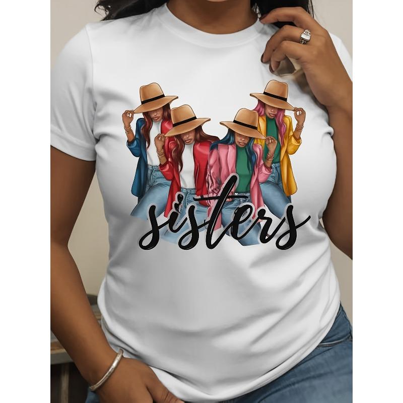 

Women s Plus Size Colorful Sisterhood Cartoon Print Tee 100% Cotton Crew Neck Short Sleeve Regular Fit All-Season Casual Top 4XL білий