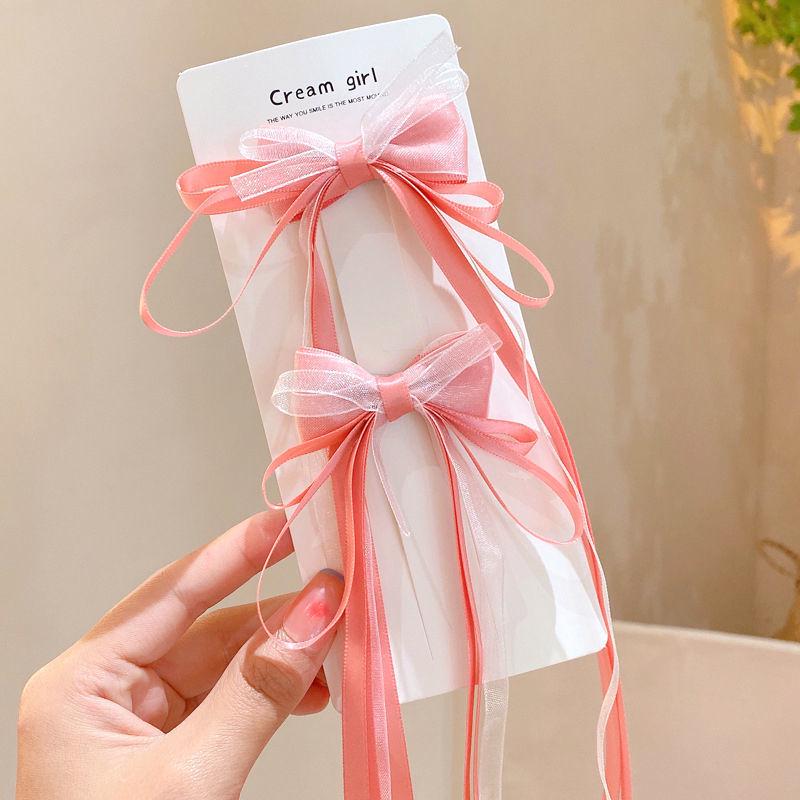 Children s Double Layer Mesh Bow Hair Clip with Long Ribbons - New Chinese Summer Style