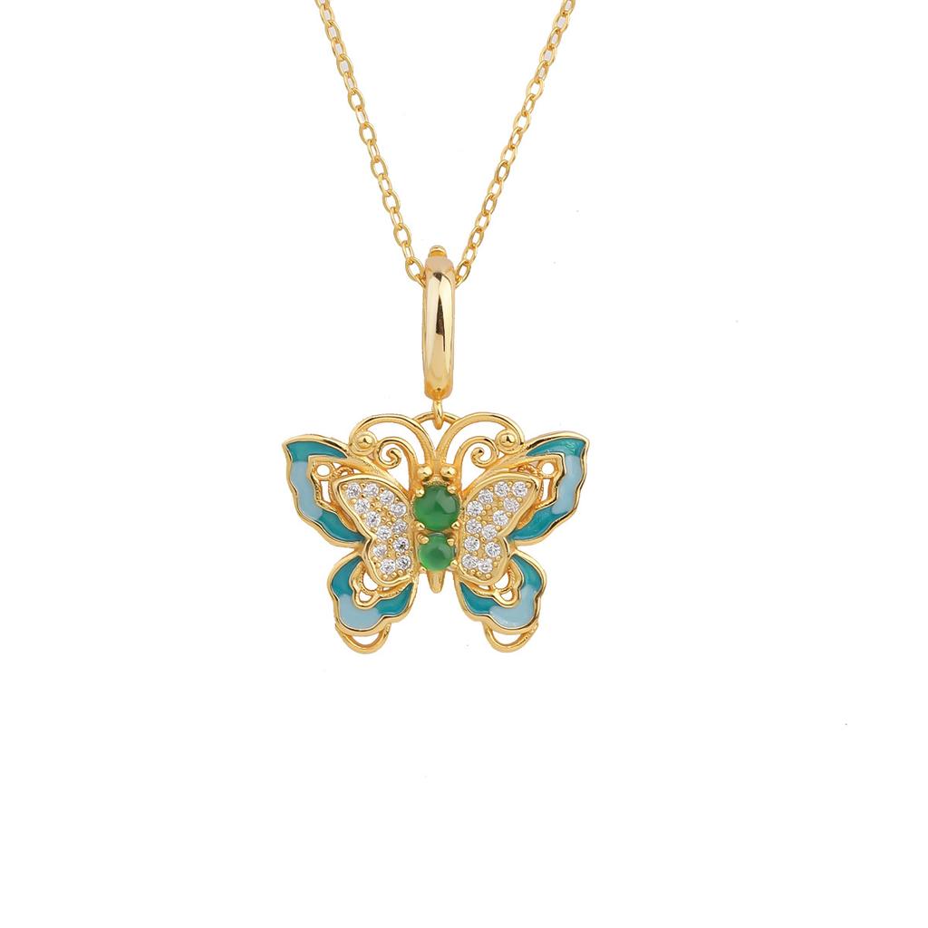S925 Sterling Silver Necklace Natural Jade Butterfly Pendant Design Clavicle Chain Accessories Women's Short URL Short Daily Jewelry Gift