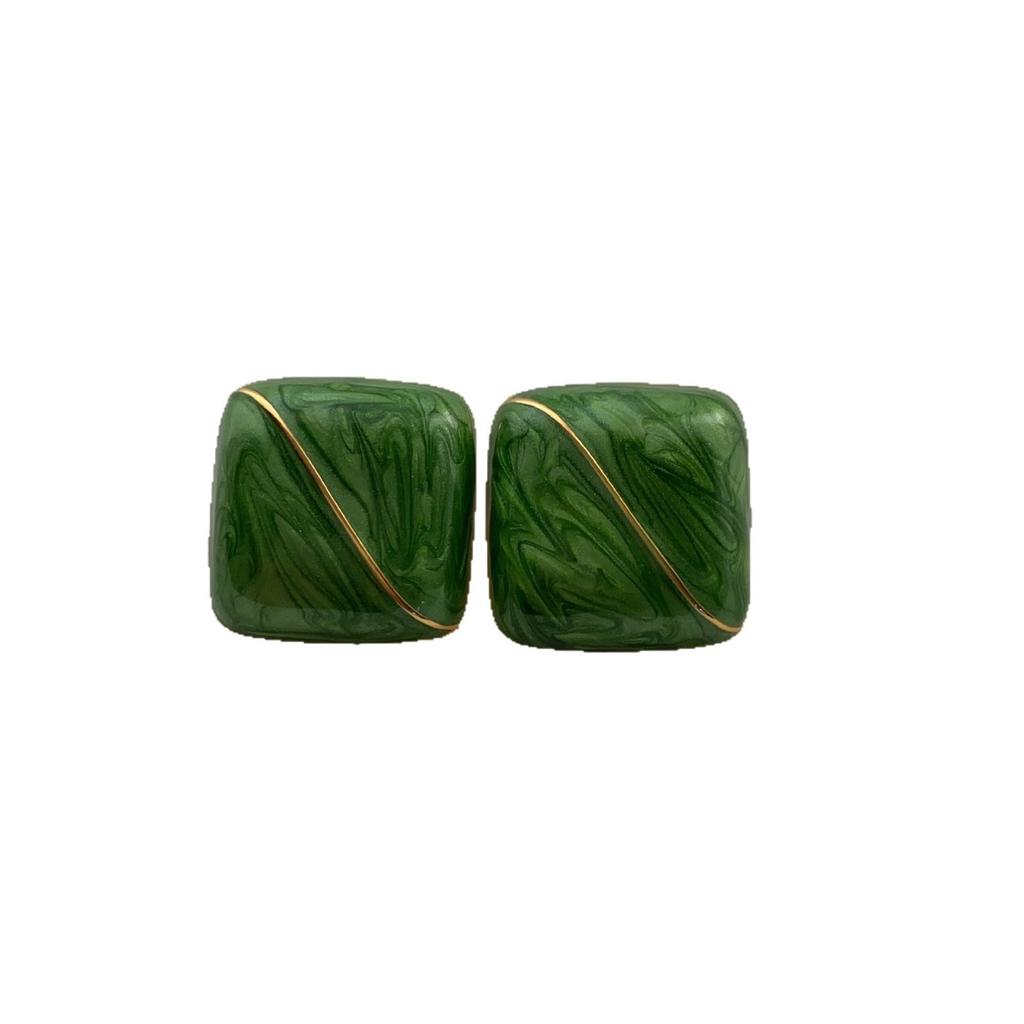 Geometric Minimalist Green Enamel Square Stud Earrings Texture Vintage Art Earrings