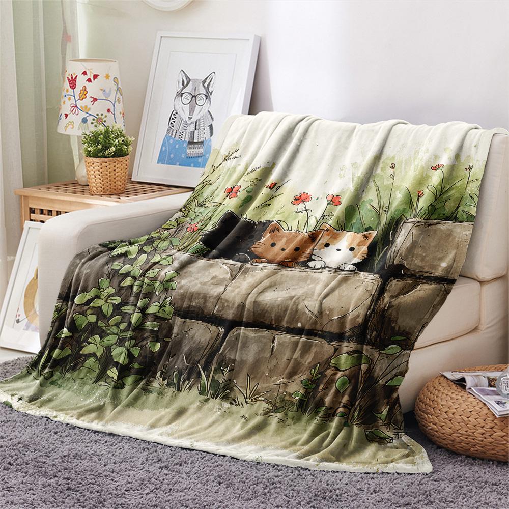 Peeking Cats Print Flannel Blanket, High quality Comfortable for All Seasons, Home Decor, Warmth and Comfort