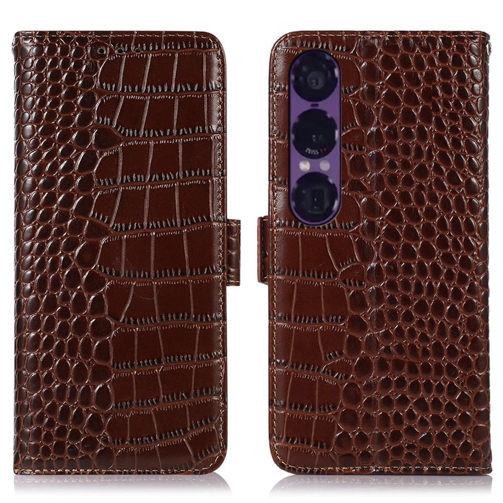 For Sony Xperia 1 VII Case Crocodile Texture Genuine Cow Leather Phone Wallet Cover