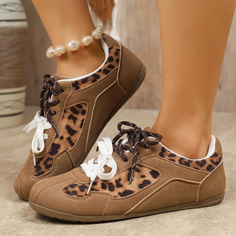 Fashion Leopard Print Casual Sneakers for Women Fashion Non Slip Lace Up Vulcanized Shoes Woman Lightweight Comfortable Flats Plus Size