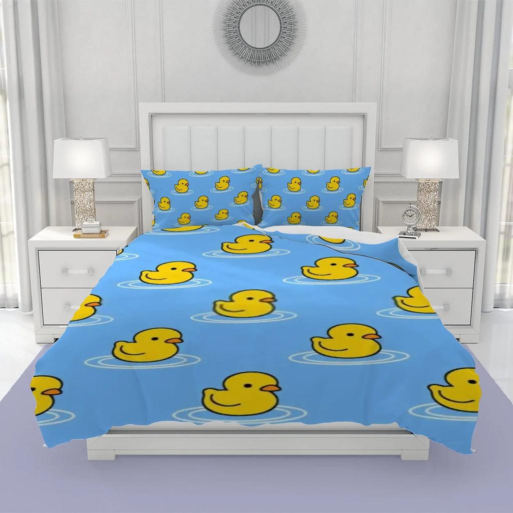 Carton Yelow Duck King Quen Soft Duvet Cover Farm Lovely Animal Beding Set Blue Buble Comfortable Quilt Cover Soft Polyester Warm Comforter Cover