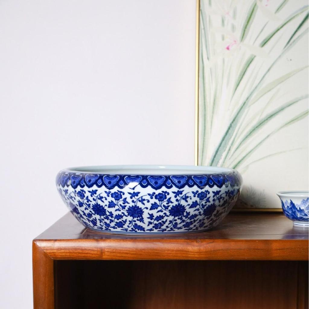 Blue and White Porcelain Fish Tank and Flower Pot for Home Decor