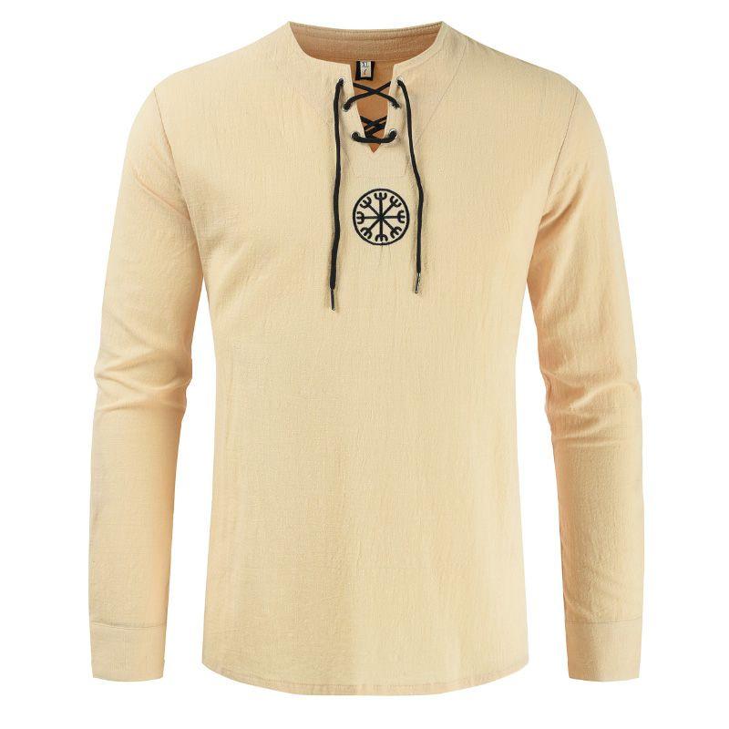 Stylish Medieval Men's Long Sleeve Lace Up Solid Color Retro Cosplay Costume T-shirt
