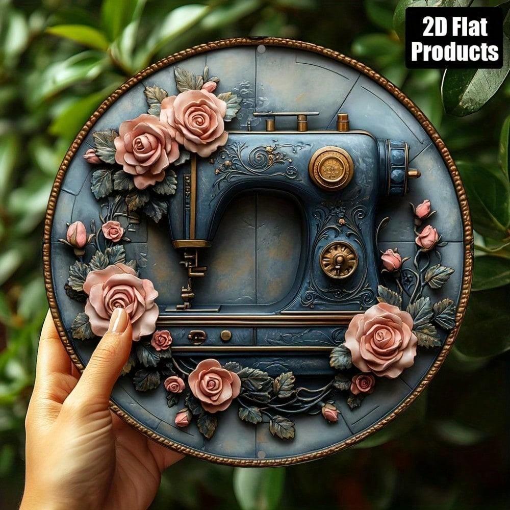 

Vintage Floral Sewing Machine Metal Wall Art Sign 8x8 Inch Round Aluminum Plaque Home Decor Kitchen Bar Retro 20x20