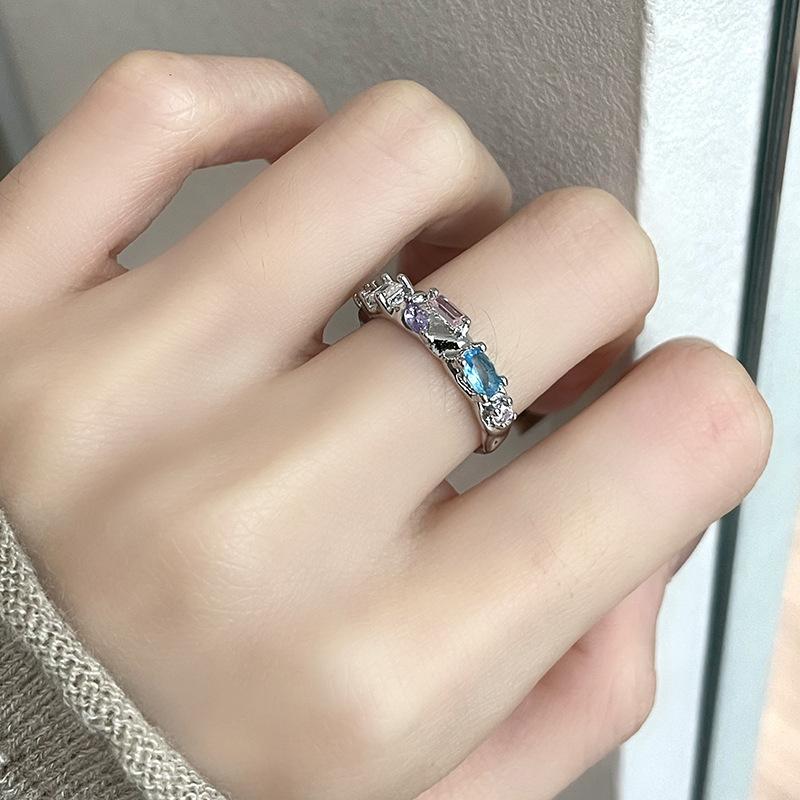 Двухслойное Сладкое Прохладное Девушки Фадж Кольцо Радужный Циркон Любовь Высокий Стиль Легкая Роскошь Открытое Кольцо на Указательный Палец Женское Adjustable opening