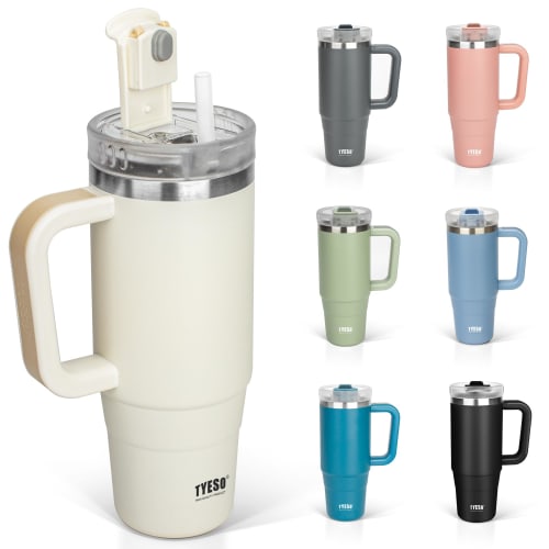 TYESO 900ml 0.9L Stainless Steel Tumbler with Straw and Handle, Vacuum Insulated, Double Walled, Wide Mouth, Large Capacity, Suitable for Outdoor Acti