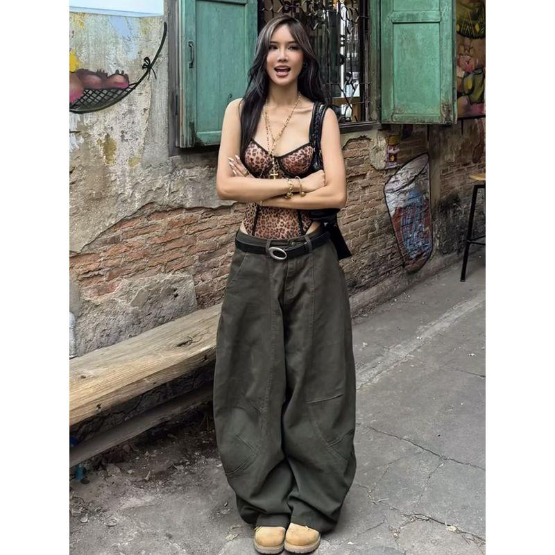 American Sexy Army Green Profile Tooling Style Denim Female Stylish Loose Slim Looking Casual Wide Leg Matchet Pants