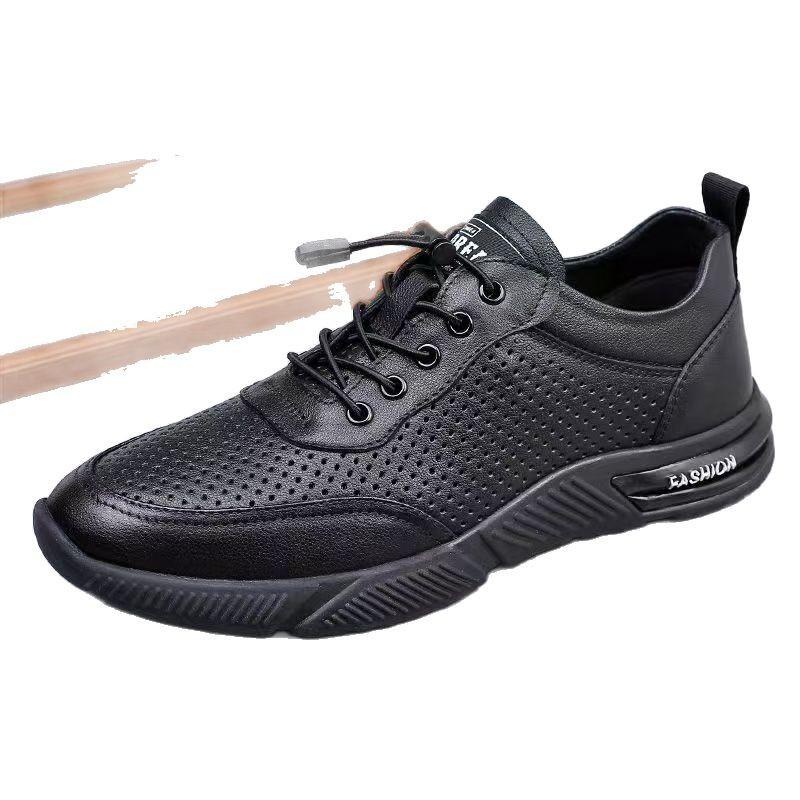Sandals men's non-slip and deodorant leather surface mesh breathable casual soft-soled leather shoes hollow summer shoes men's versatile trendy shoes