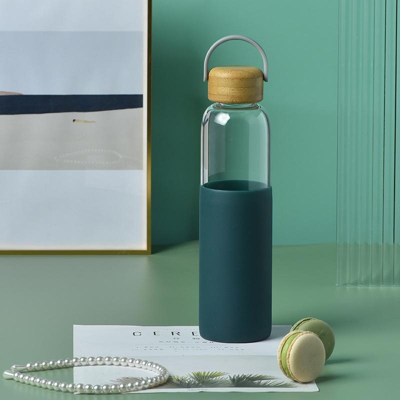 Single-Layer Glass Bottle Large-Capacity Bamboo Cover Retro Glass Thermal Insulation Portable Handle Outdoor Water Cup