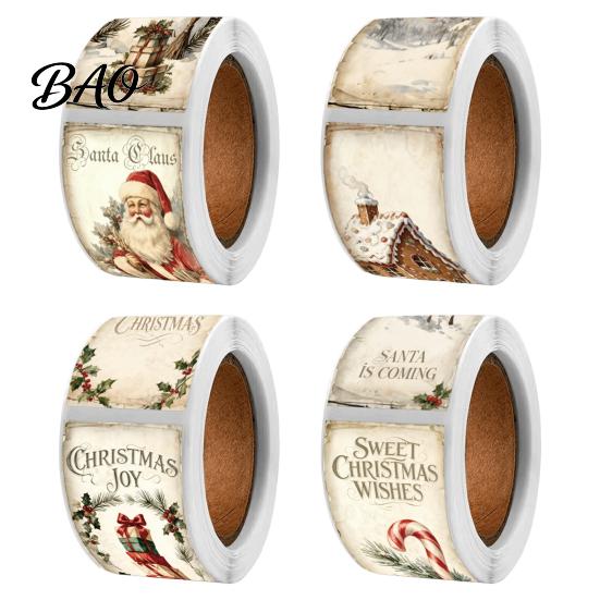 Retro Illustrated Gift Tape Christmas Coated Paper Sealing Sticker, Hand-drawn Santa Claus Snowman Elk Envelope Stickers Design, Decorative