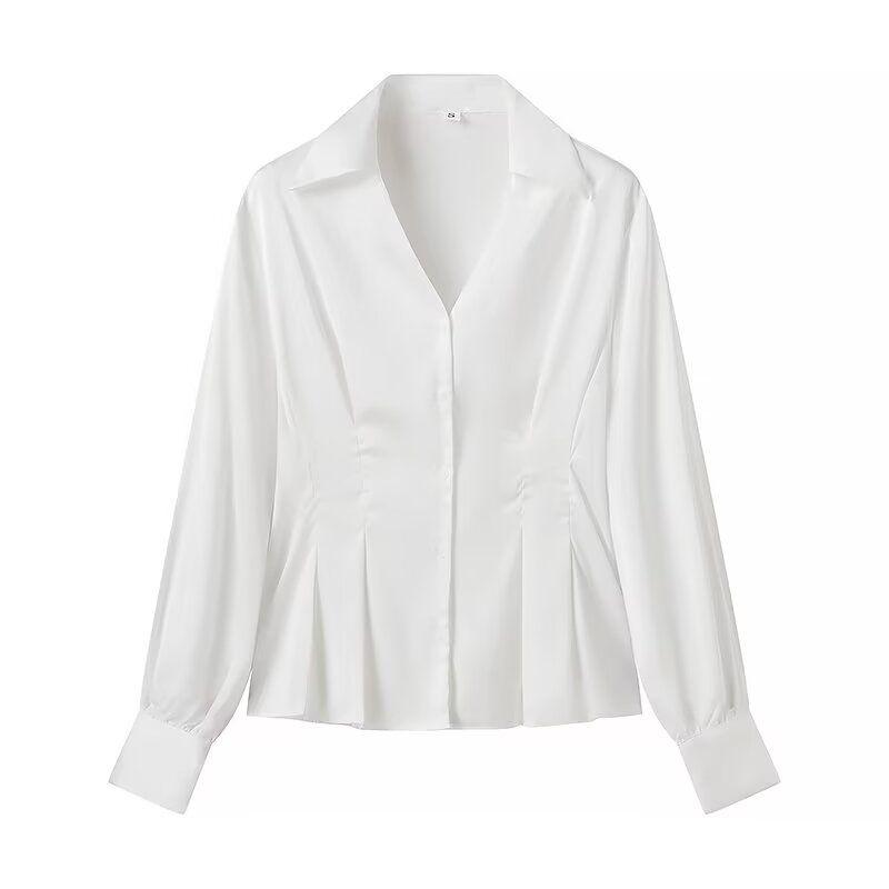 

Kaslead New Arrival Women s Clothing Fashion Style Fashion Casual Easiest for Match Simple Waist Fitted V-neck Long Sleeve Shirt White L