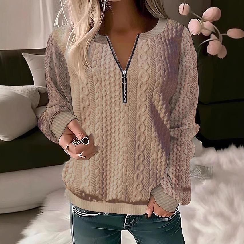 Women's Round Neck Blouse Quarter Zip Textured Knit Long Sleeve Pullover Sweatshrit