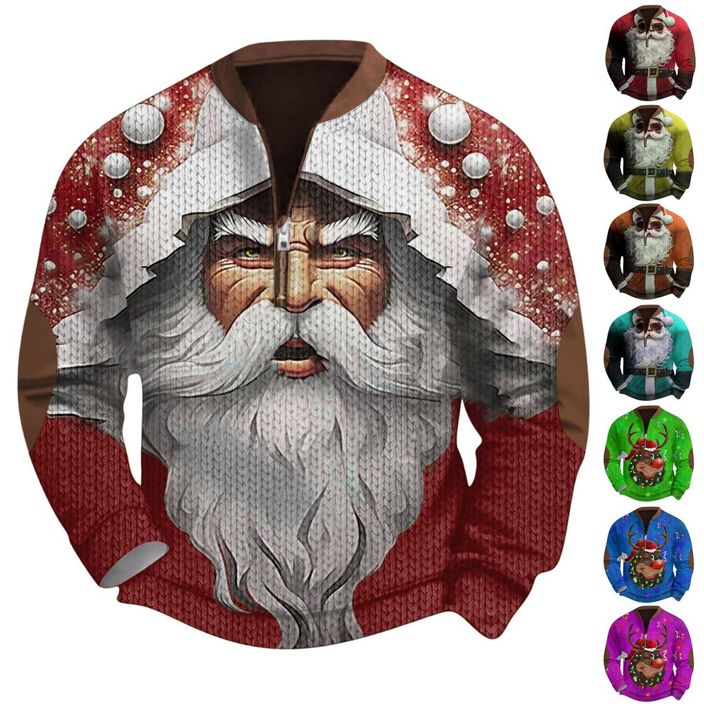 Mens Christmas Sweater Zip Up Sweatshirts Vintage Knit Graphic Sweatshirt Xmas Stand Collar Pullover