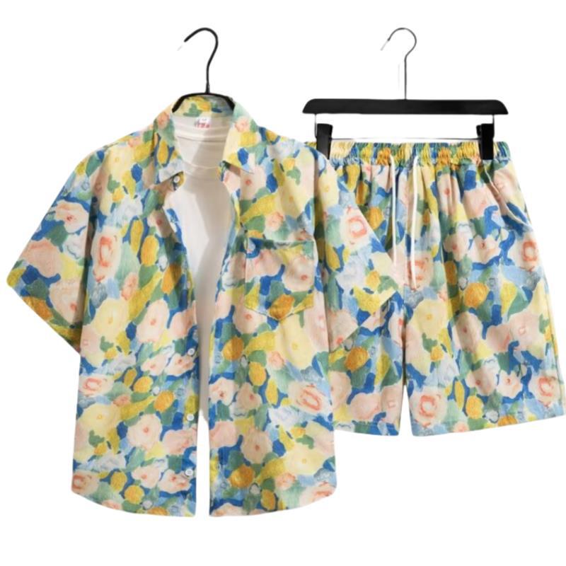 Unisex Summer Ice Silk Quick-Dry Hawaiian Shirt & Shorts Set