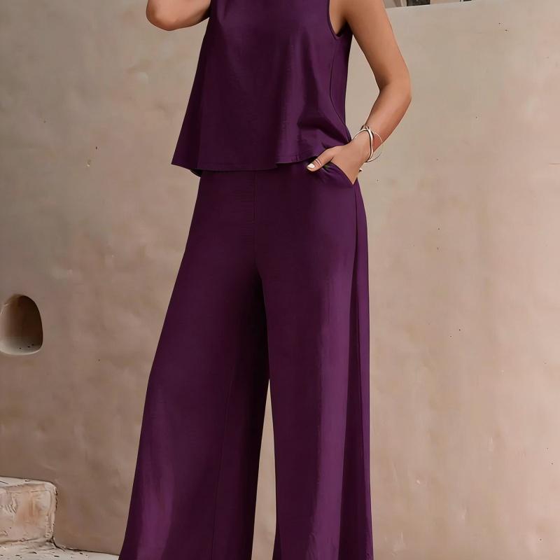 New Women's Sleeveless Vest And Trousers Two Piece Set Fashion Solid Color Two Piece Round Neck Top Pants Suit Casual Set