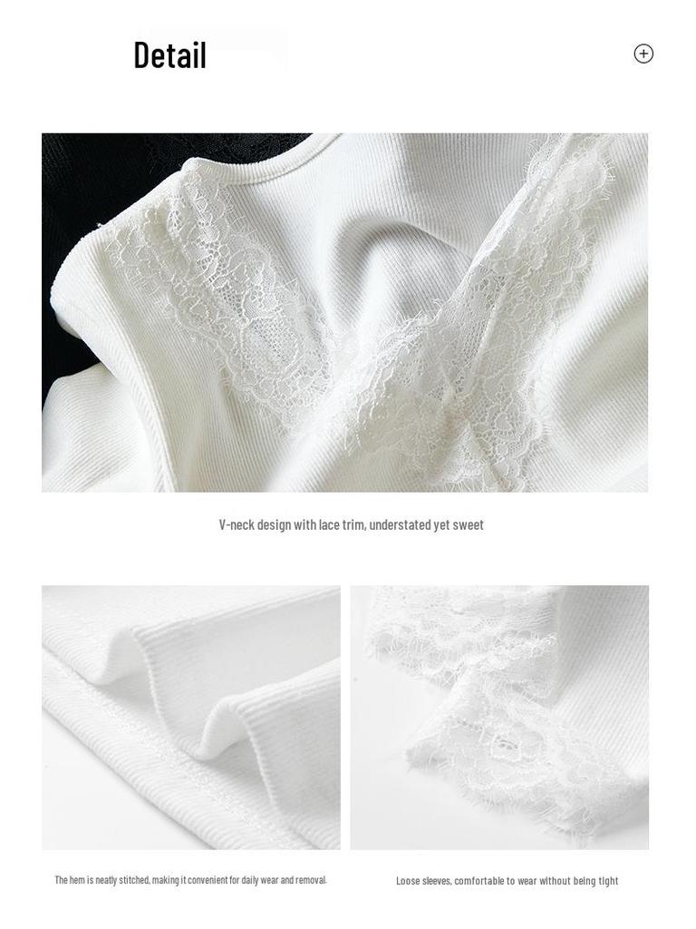 Elegant V-Neck Lace Trim Low-Neck Slimming White Top for Women - Autumn/Winter Innerwear