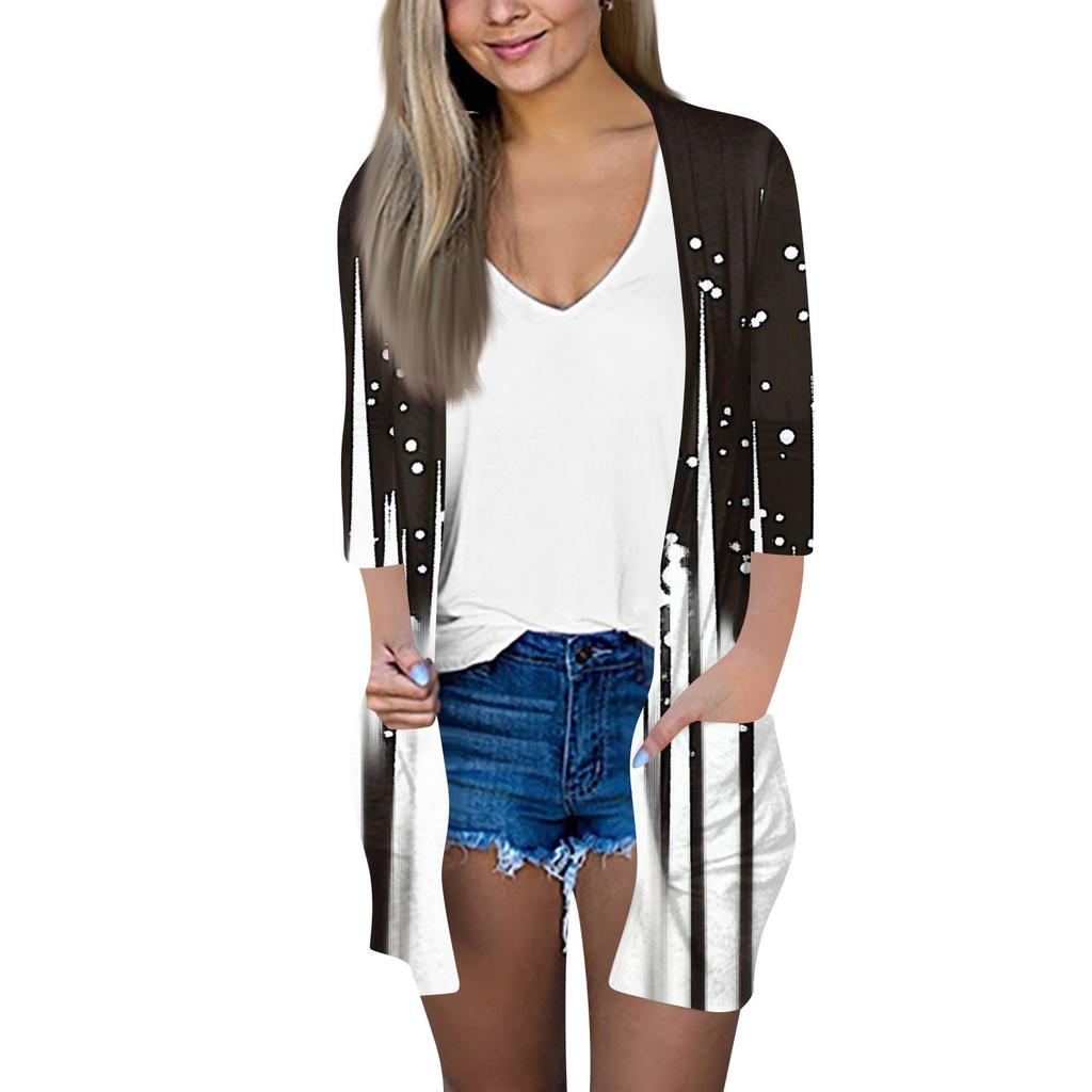 Women's Fashion Loose Casual Pocket Printed Cardigan Seven Sleeve Jacket Top