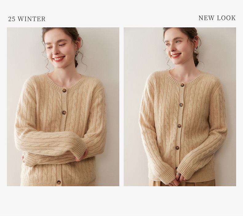 Round Neck Twisted Pattern Cashmere Cardigan for Women - Autumn/Winter Long-Sleeve Versatile Warm Sweater