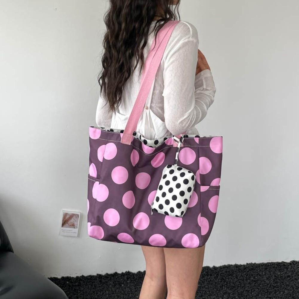 Large Capacity Double-sided Tote Bag Zipper Casual Shoulder Bag Nylon Polka Dot Bag  Versatile Use
