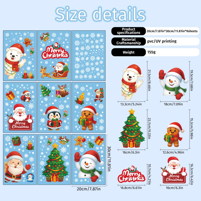 Christmas Static Cling Stickers - Reusable Santa Snowflake Window Decals for Glass Tiles with Slavic Folk Motifs