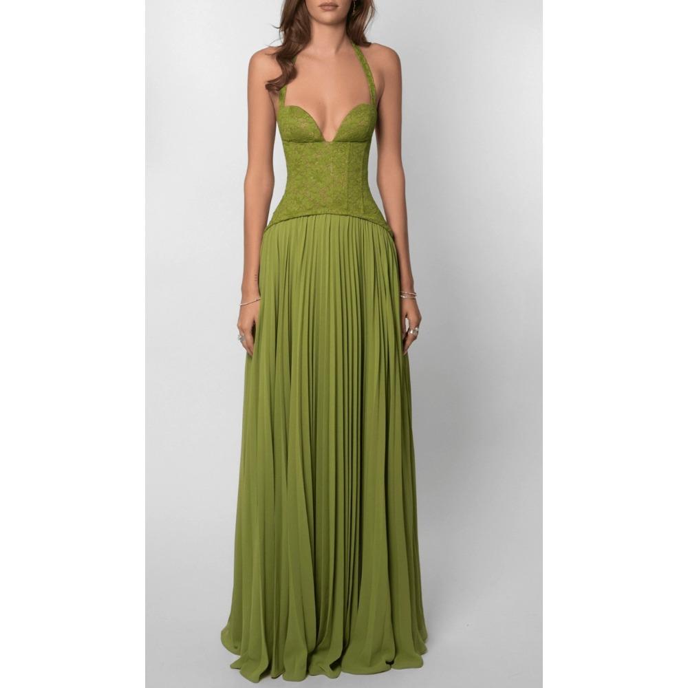 European and American women s sexy halter neck, backless low-neck, cinched waist, pleated spaghetti strap dress S зелёный