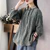 Vintage Floral Print Cotton Linen Blouse for Women Asian Size Long Sleeve Top Casual Lace Patchwork Collar Artistic Autumn Button Shirt