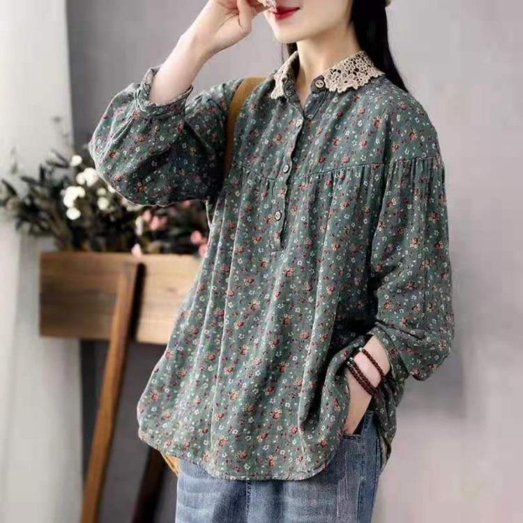 Vintage Floral Print Cotton Linen Blouse for Women Asian Size Long Sleeve Top Casual Lace Patchwork Collar Artistic Autumn Button Shirt