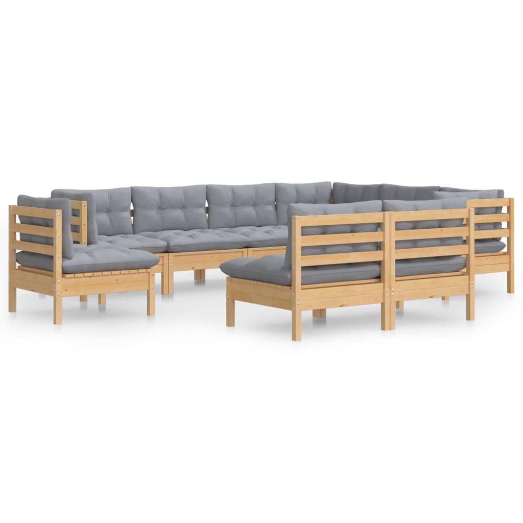 9 piece Garden Lounge Set with Grey Cushions Solid Pine Wood