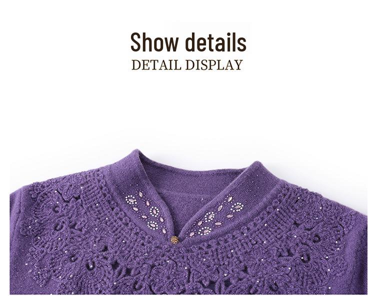 Stylish Embroidered Wool Cardigan Sweater for Middle-Aged Women - Plus Size, Solid Color, Autumn/Winter Top