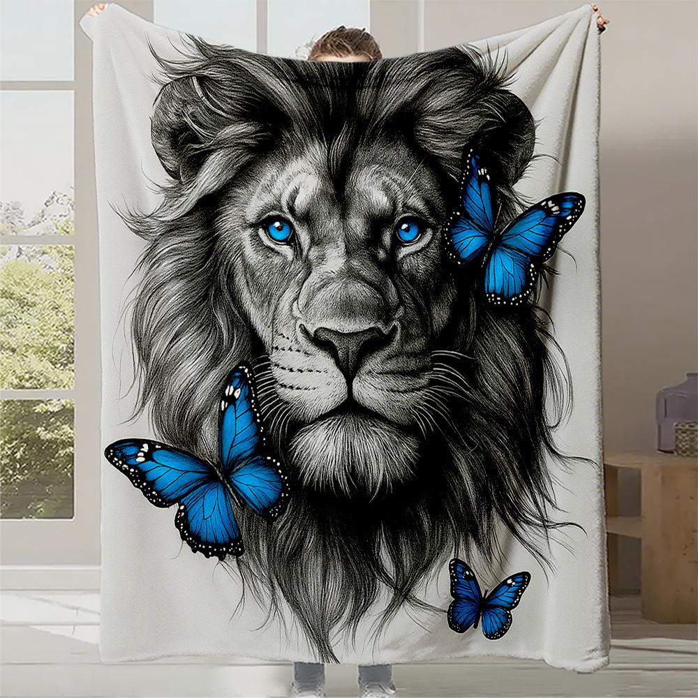 

1pc Lion & Butterfly Print Flannel Blanket - Heavyweight 140-160gsm Soft Plush All-Season Luxury Bedspread, Machine Washable Lux 130x150cm