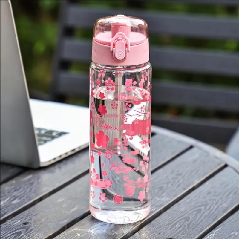 Portable Convenience Large Capacity Cherry Blossom Water Bottle  with Secure Lid & Carrying Rope, High-Quality PC Material