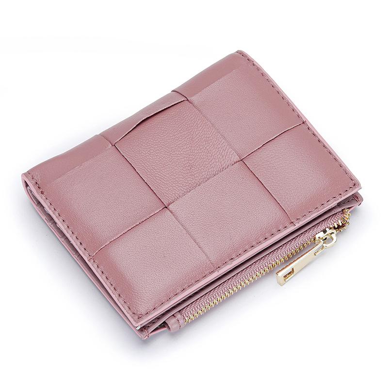 Women's Short Lambskin Woven Wallet: Foldable Card Holder & Zipper Coin Purse (2025)