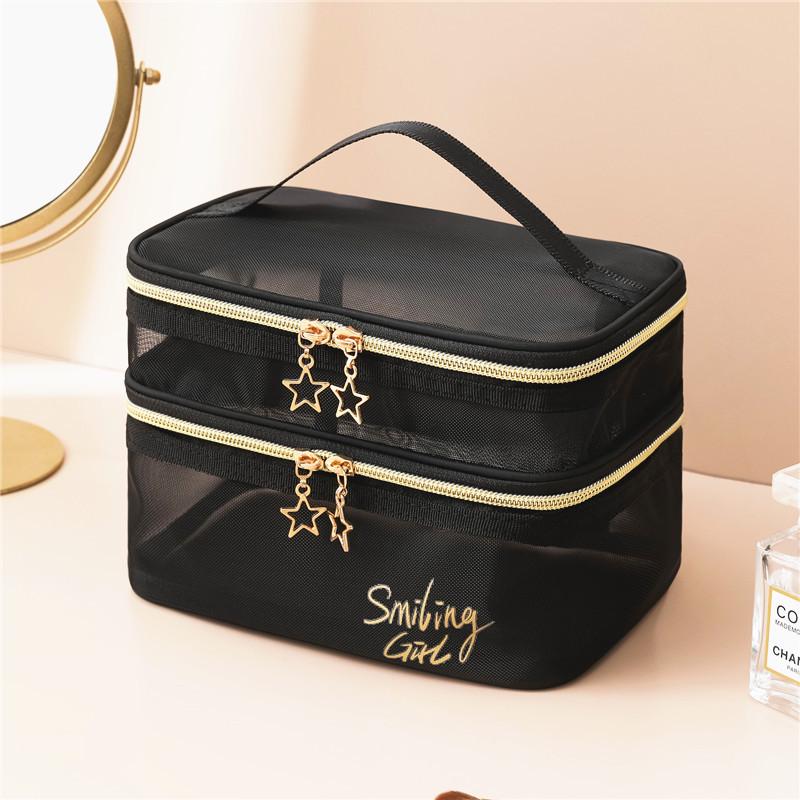 Double-Layer Nylon Mesh Travel Cosmetic Bag - Large Capacity, Transparent, Handheld Toiletry Organizer