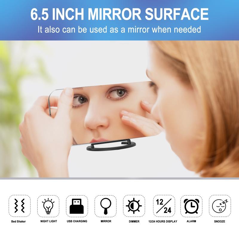 Home LED Digital Clock Large Display Loud Vibrating Alarm Mirror Night Light Snooze Dimmer for Bedroom Kid Heavy Sleeper