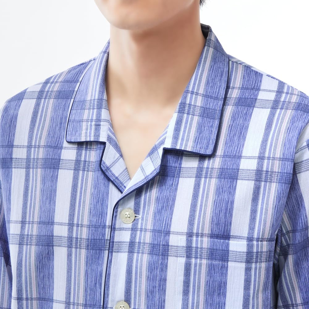 Gunze Coton Manches Longues Naturel Marine Taille S Homme 100% Pyjamas, Évacuation de l'Humidité, Séchage Rapide, Pantalon, Ouverture Frontale, Crêpe, Évacuation de l'Humidité,