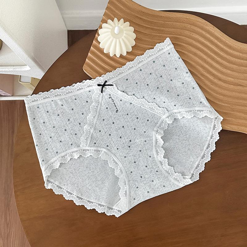 Ladies Summer Gentle Lace Stitching Jacquard Cotton Color Yarn 10A Bacteriostatic Crotch Mid Waist Triangle Briefs