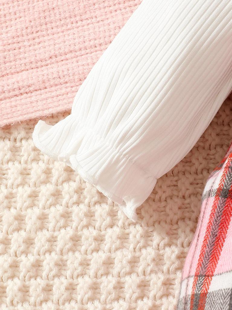 Newborn Baby Girl Spring Autumn Jumpsuit Flying Sleeves Pink Checkered Long Sleeved Jumpsuit+Headband for 0-18 Months Baby Girl